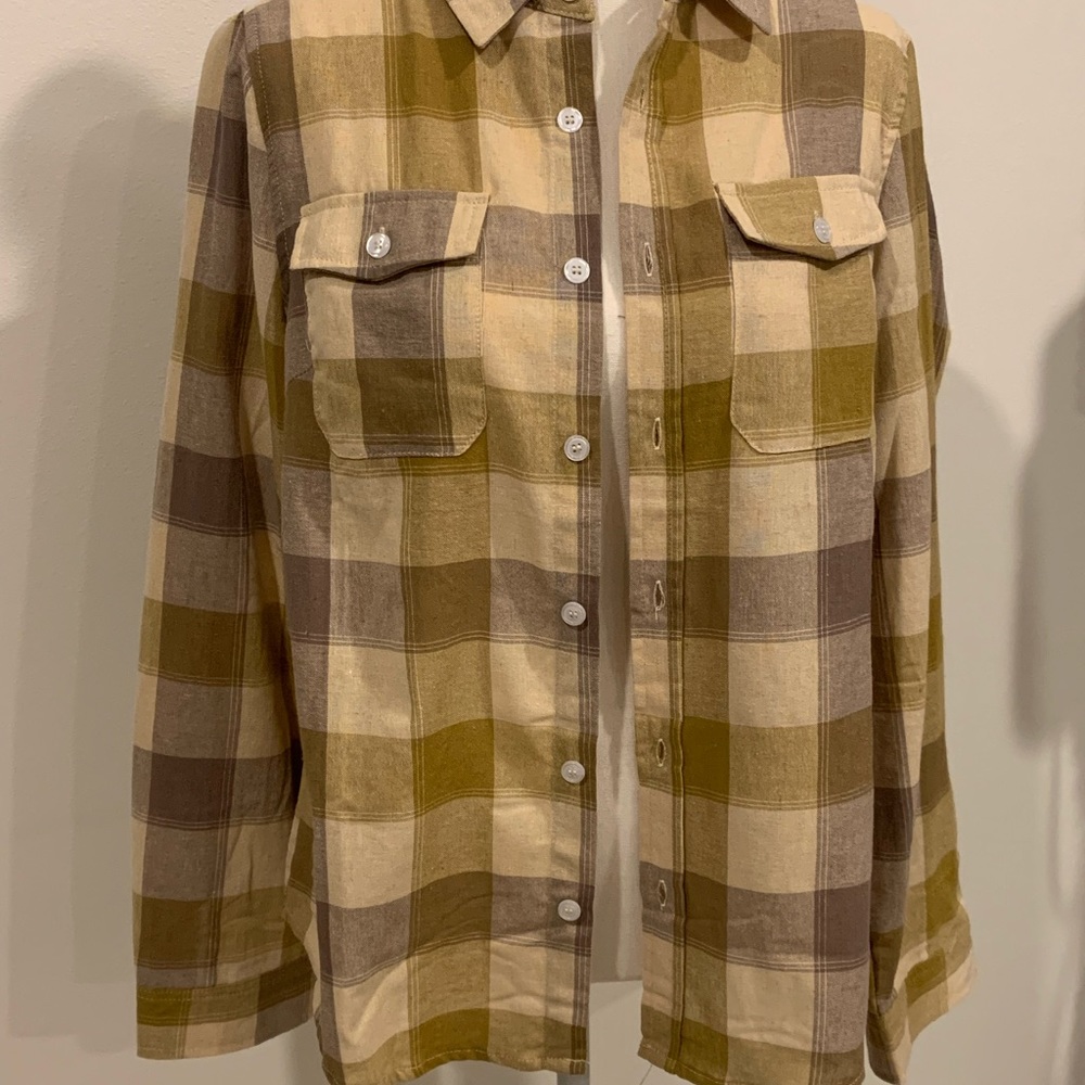 Mustard, tan, and cream vintage plaid button down.